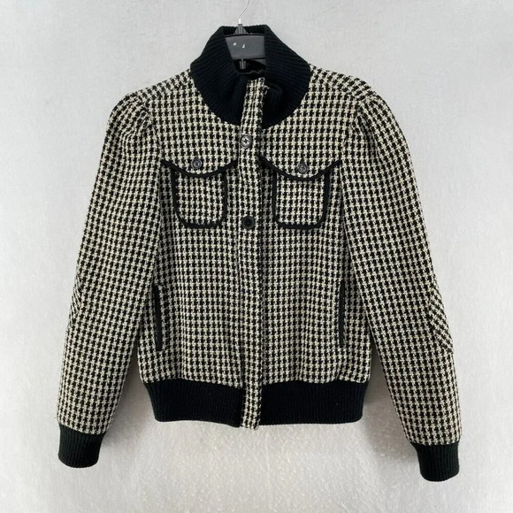 Billabong Jacket Womens M Beige Black Houndstooth Tweed Full Zip Wool Blend - Picture 1 of 9